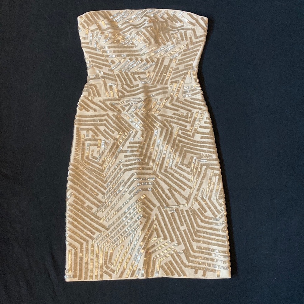Herve Leger Strapless Nude Beige Bandage Dress Silver Bugle Beads XS